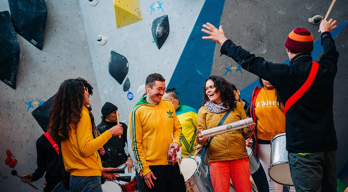 Samba band playing at boulder shack climbing gym